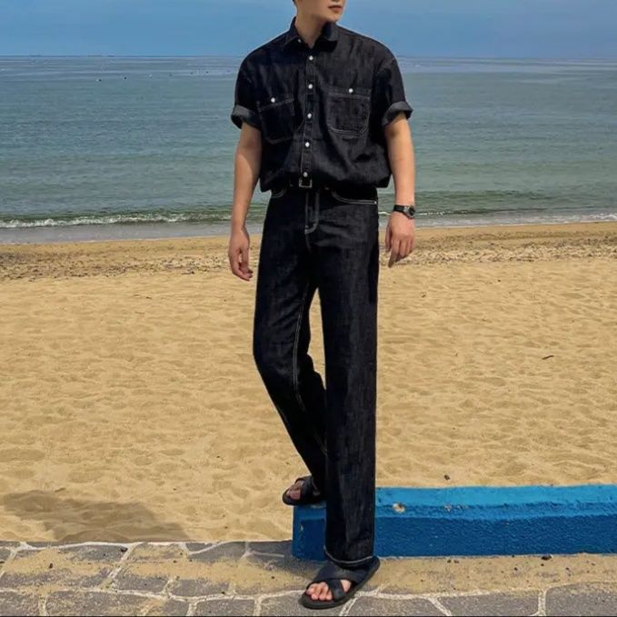 半袖デニムシャツ×ストレートパンツ メンズ向け クラシカルブラックデニムセットアップ