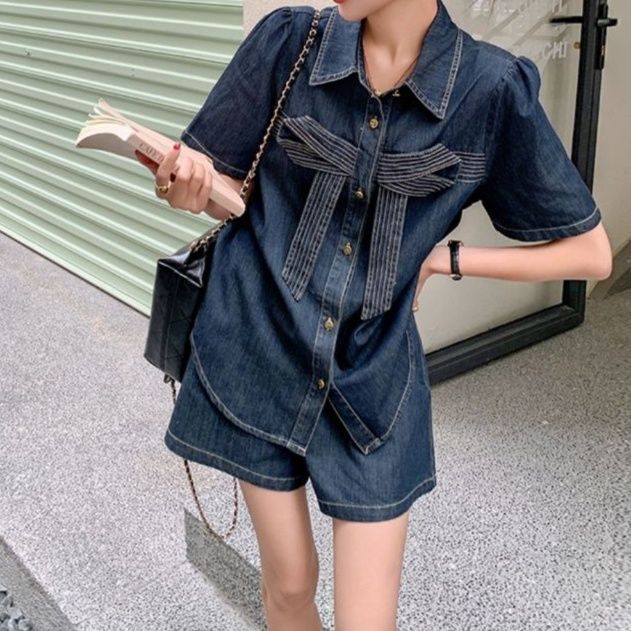 リボンデザイン半袖シャツ＆ショートパンツ きれいめフェミかわデニムセットアップ