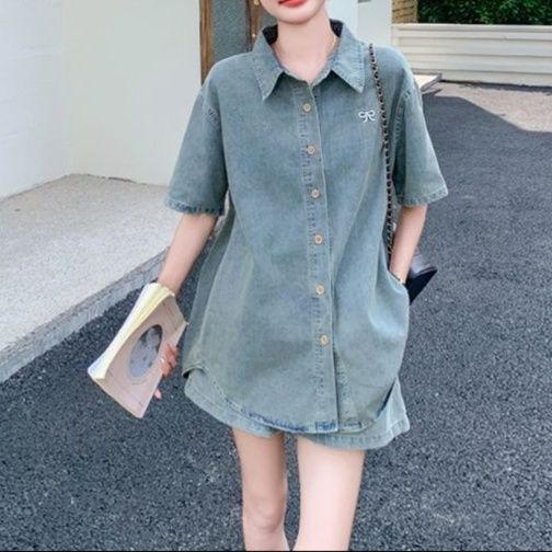 デニムセットアップ リボン刺繍半袖シャツ＆ショートパンツ ゆったりフェミカジ2点セット