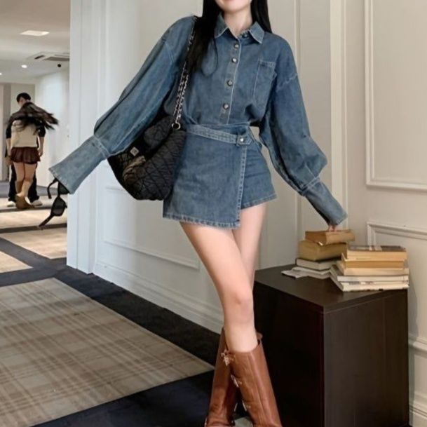 ゆったりデニムシャツ×スカート風ショートパンツ レトロカジュアルデニムセットアップ