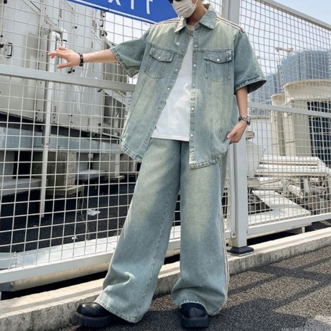 ウォッシュ加工半袖シャツ×ワイドパンツ メンズ向け ストライプ入りデニムセットアップ