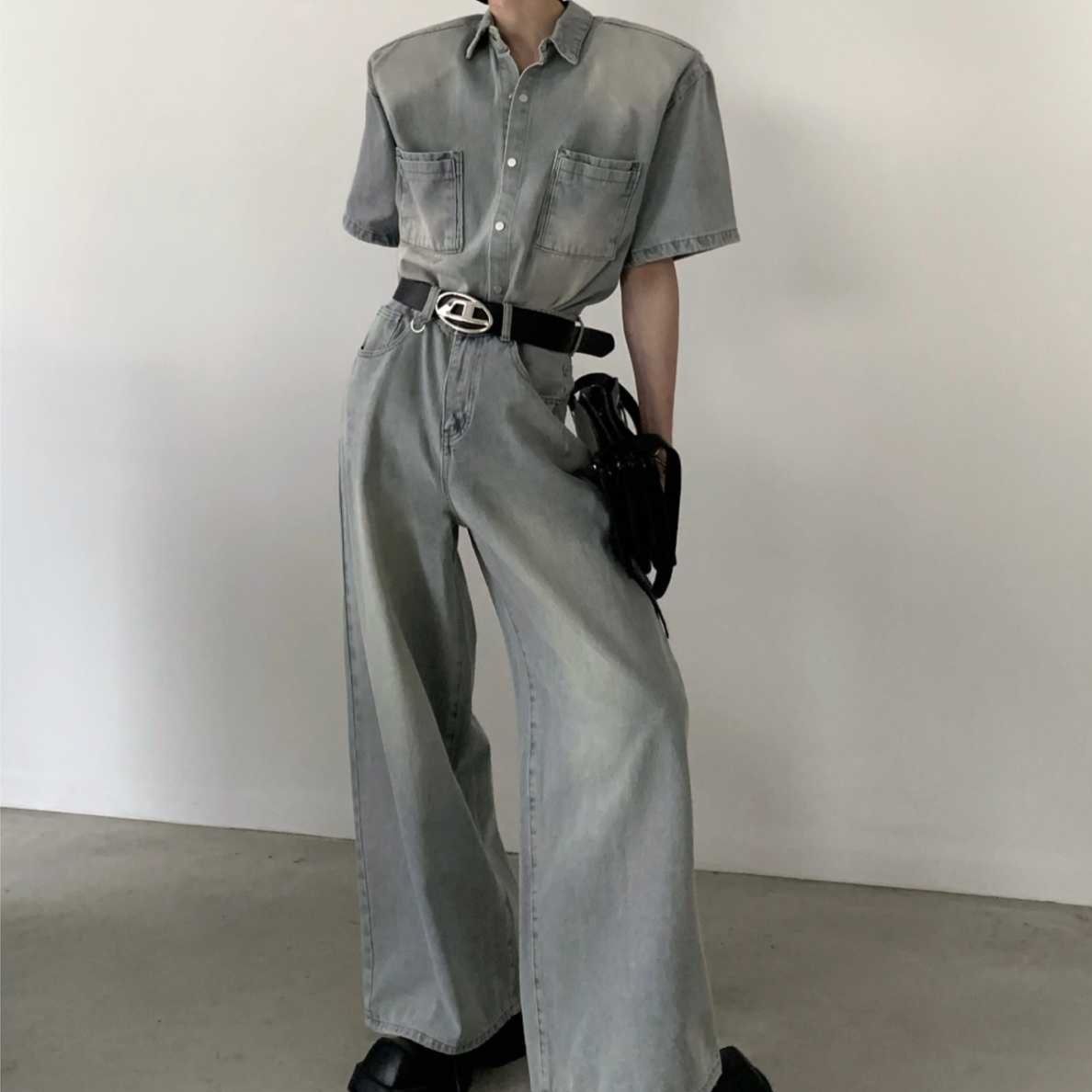 韓国風半袖デニムシャツ＋ワイドパンツ メンズ向け やんちゃクールなデニムセットアップ