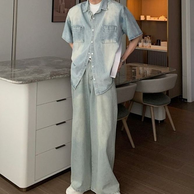 ゆったり半袖デニムシャツ+ワイドパンツ 夏向けクールなメンズデニムセットアップ