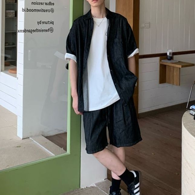 半袖デニムシャツ×ハーフパンツ メンズ夏向け きれいめカジュアルデニムセットアップ