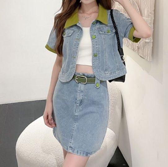 配色切り替え半袖ジャケット×ハイウエストスカート きれいめ爽やかデニムセットアップ
