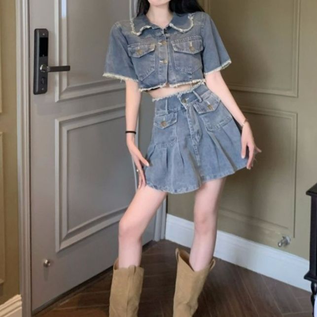 フリンジショートジャケット×Aラインミニスカート サマーレトロなデニムセットアップ