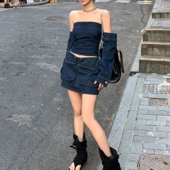 デニムビスチェ＆アームカバー＋タイトミニスカート スタイリッシュデニムセットアップ