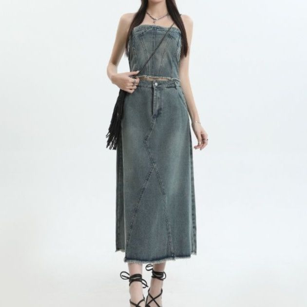 フリンジ装飾ビスチェ×ロングスカート レトロカジュアルデニムセットアップ
