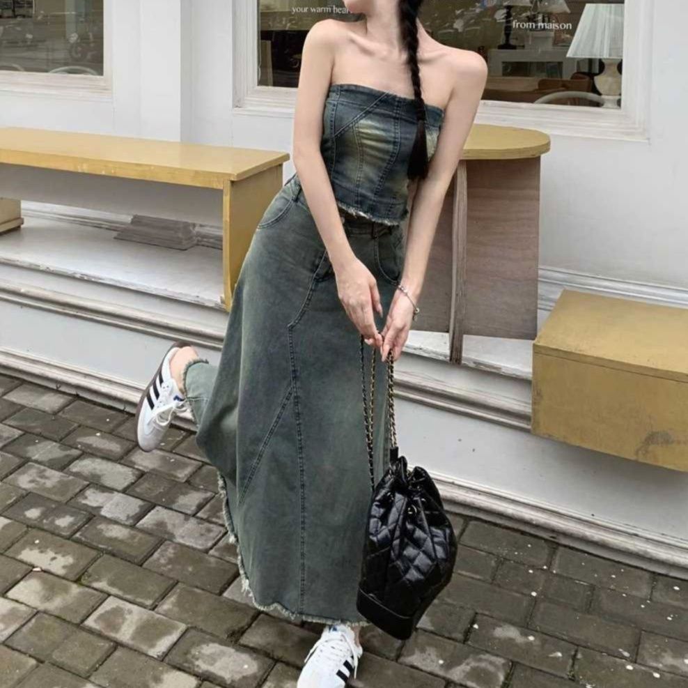 フリンジデニムビスチェ＋Aラインロングスカート 夏の甘辛レトロデニムセットアップ