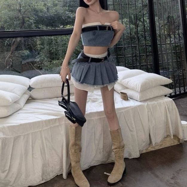 ベルトデザインビスチェ×ハイウエストミニスカート アメリカンガール風デニムセットアップ