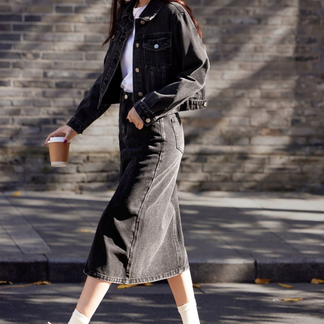 レトロデニムジャケット＆ミディスカート おしゃれなワーク風ブラックデニムセットアップ