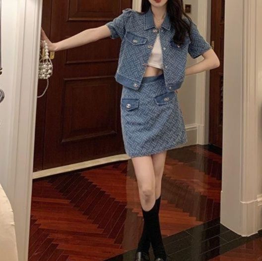 ツイード風半袖ジャケット＆ミニスカート 上品細見えデニムセットアップ
