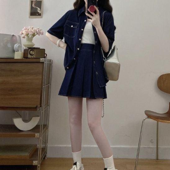 デニムセットアップ 濃紺半袖シャツ×プリーツスカート シンプルガーリーツーピース