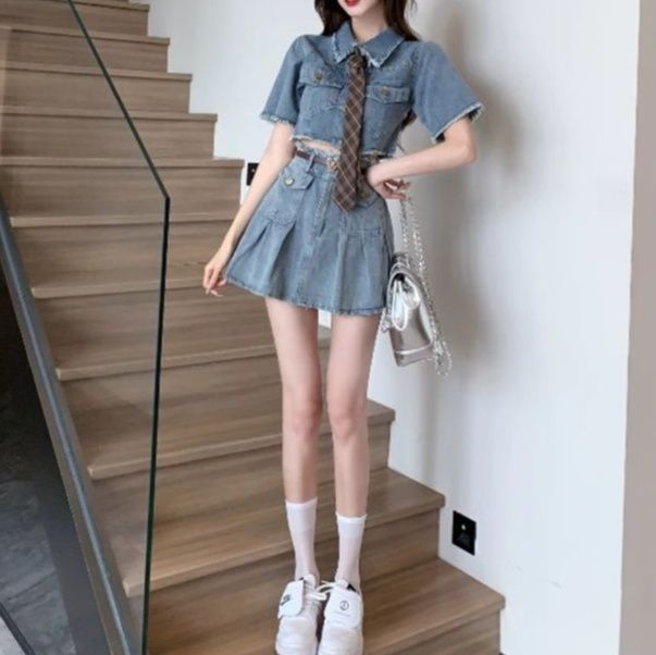 フリンジショートトップス×フレアミニスカート フェミカジ学生風デニムセットアップ