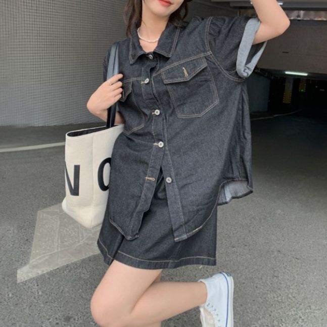 デニムセットアップ ゆったり半袖シャツ＋ショートパンツ こなれカジュアル2点セット