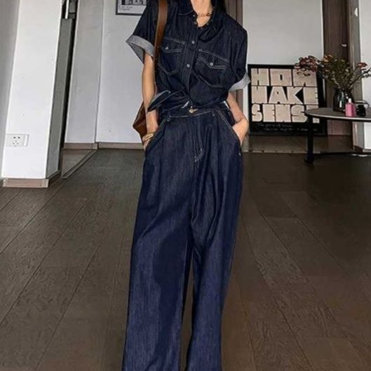 デニムセットアップ 濃紺半袖シャツ＆ワイドパンツ 大人カジュアル2点セット