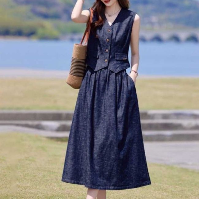 デニムセットアップ デニムベスト＆フレアロングスカート 夏のきれいめカジュアル2点セット
