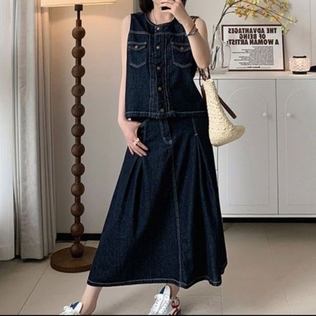 デニムセットアップ クラシックベスト＆ミモレ丈スカート シンプルフェミニンセットアップ