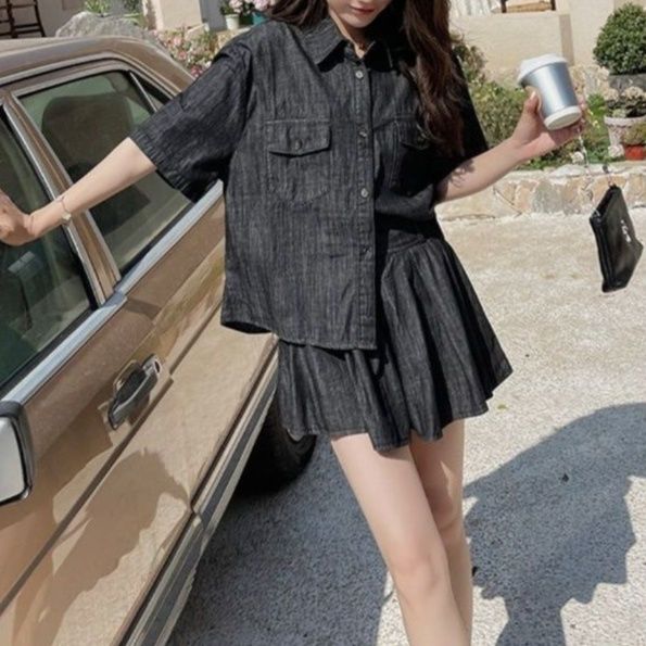 ブラックデニムセットアップ 半袖シャツ＆フレアキュロットスカート 大人可愛い夏向け2点セット
