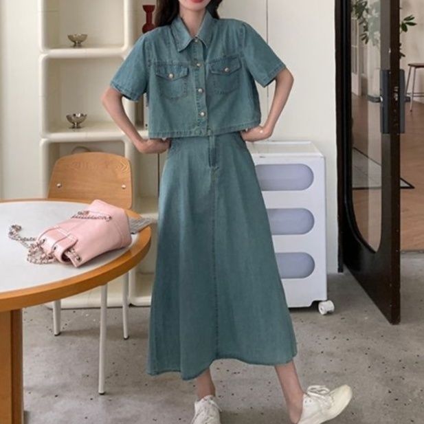 デニムセットアップ 後ろ開き半袖ジャケット＆ロングスカート 大人可愛い夏の2点セット