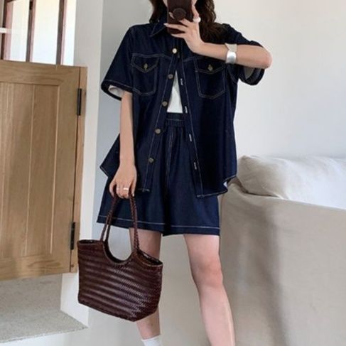 デニムセットアップ ゆったり半袖シャツ＆ショートパンツ レトロカジュアル2点セット