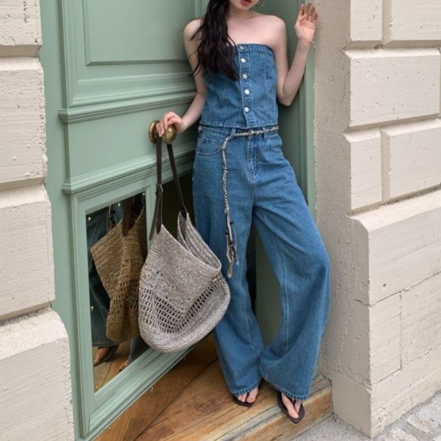 デニムセットアップ ビスチェトップス×ワイドパンツ ヘルシーカジュアル上下セット