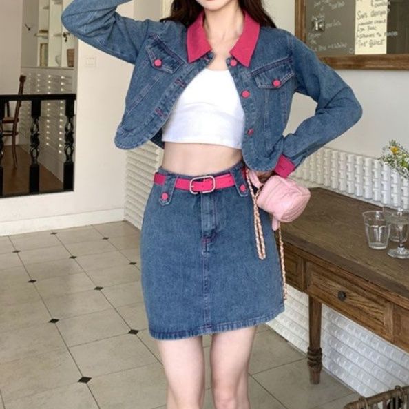 デニムセットアップ 配色切り替えショートジャケット＆台形ミニスカート ポップなフェミカジ2点セット