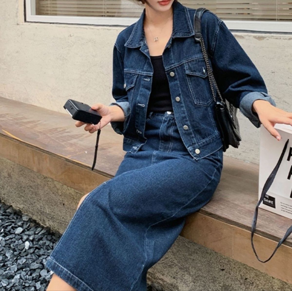 デニムセットアップ 長袖ショートジャケット×ミディスカート レトロおしゃれな細見え上下セット