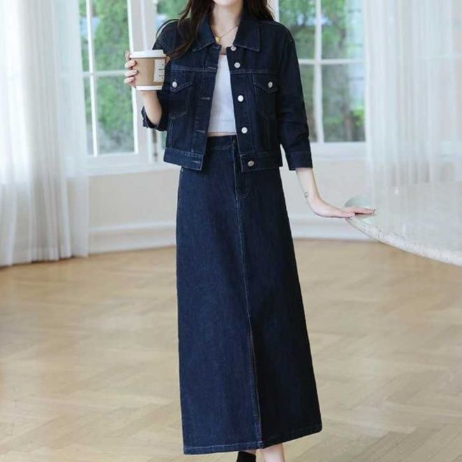 クラシカルジャケット＆スリットミディスカート 上品かわいい 小柄さん向けネイビーデニムセットアップ