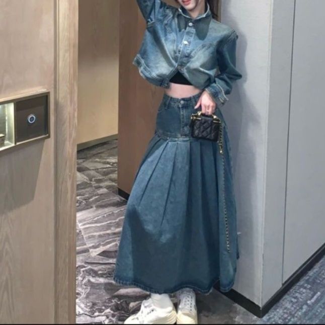 ショートジャケット×ハイウエストプリーツロングスカート クールかわいいレトロデニムセットアップ