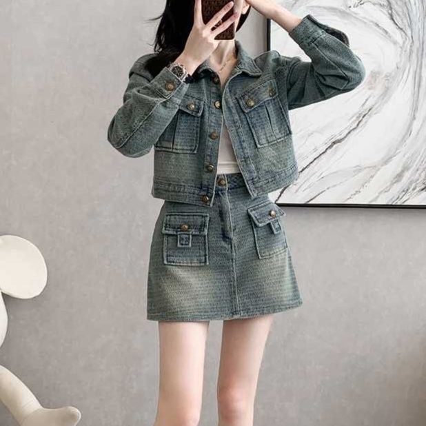 デニムセットアップ ショートジャケット×フロントポケットスカパン 韓国風ヴィンテージ上下セット