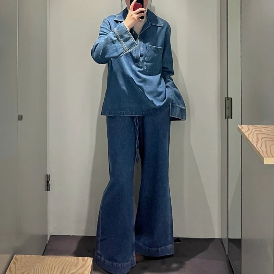 デニムセットアップ オーバーサイズ長袖シャツ＆ワイドロングパンツ ゆったりカジュアル2点セット