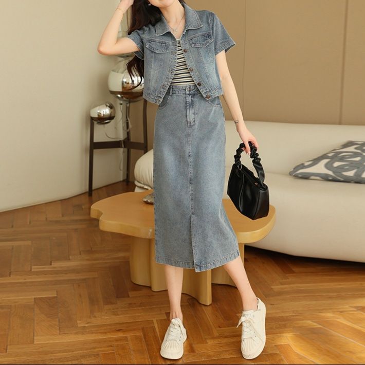 デニムセットアップ 半袖ショートジャケット×スリットミディスカート 上品細見え2点セット