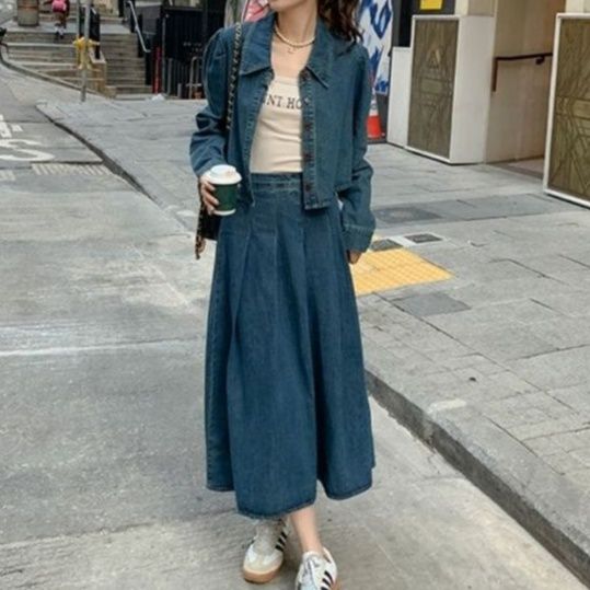 デニムセットアップ 襟付きショートジャケット＆プリーツロングスカート レトロフェミニン2点セット