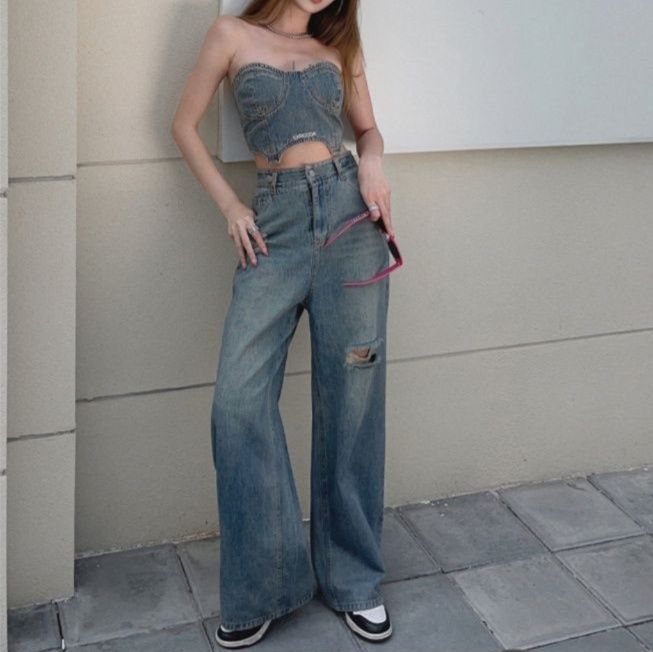 デニムセットアップ ウォッシュ加工ビスチェ×ワイドパンツ 細見えカジュアル2点セット