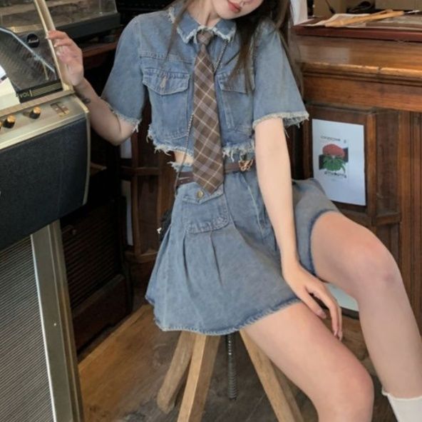 デニムセットアップ カットオフクロップド半袖トップス＆フレアミニスカート 学生風フェミカジ2点セット