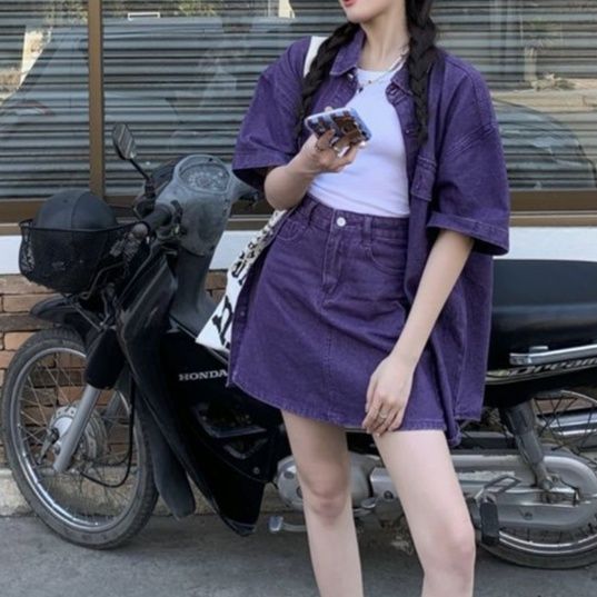パープルデニムセットアップ ゆったり半袖シャツジャケット＋Aラインミニスカート ヴィンテージ風2点セット