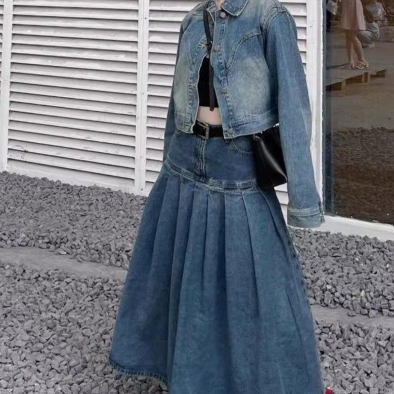 デニムセットアップ ヴィンテージ風ジャケット＆プリーツミディスカート フェミニンカジュアル上下セット