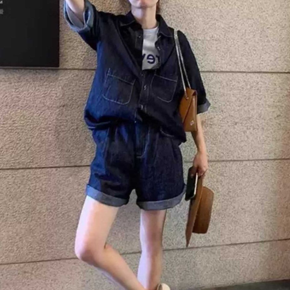 デニムセットアップ 香港風半袖シャツ×ショートパンツ ゆったりカジュアルな塩系2点セット