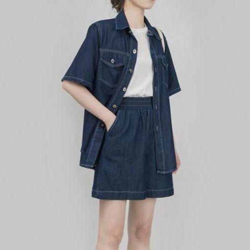 デニムセットアップ ステッチ半袖シャツ＆ショートパンツ 大人かわいい万能上下セット