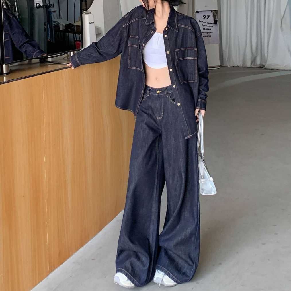 デニムセットアップ クラシカル長袖シャツ＆ワイドパンツ 大人カジュアル ゆったり2点セット