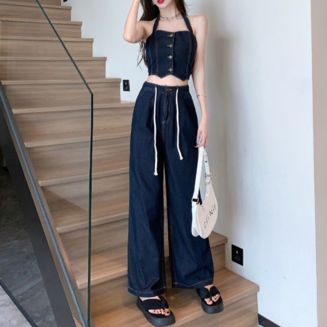 デニムセットアップ ホルターネックビスチェトップス＆ワイドパンツ 上品肌見せ レトロカジュアル2点セット