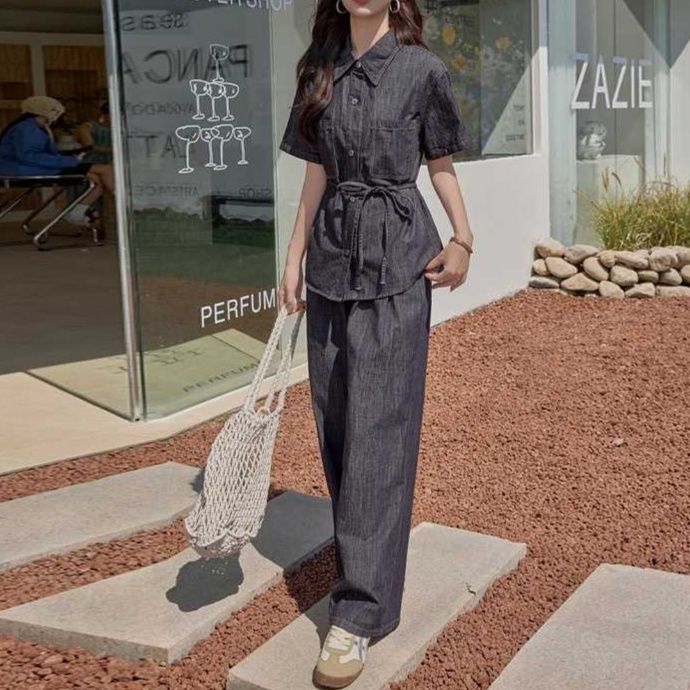 デニムセットアップ ウエストマーク半袖シャツ×ワイドパンツ 大人フェミニン ゆったり上下セット