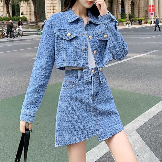 デニムセットアップ ツイード風ショートジャケット＆Aラインミニスカート 高見えカジュアル上下セット