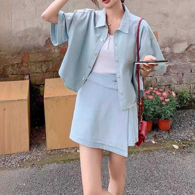 デニムセットアップ ゆったり半袖シャツ＆ラップデザインスカパン 夏向けレトロフェミニン2点セット