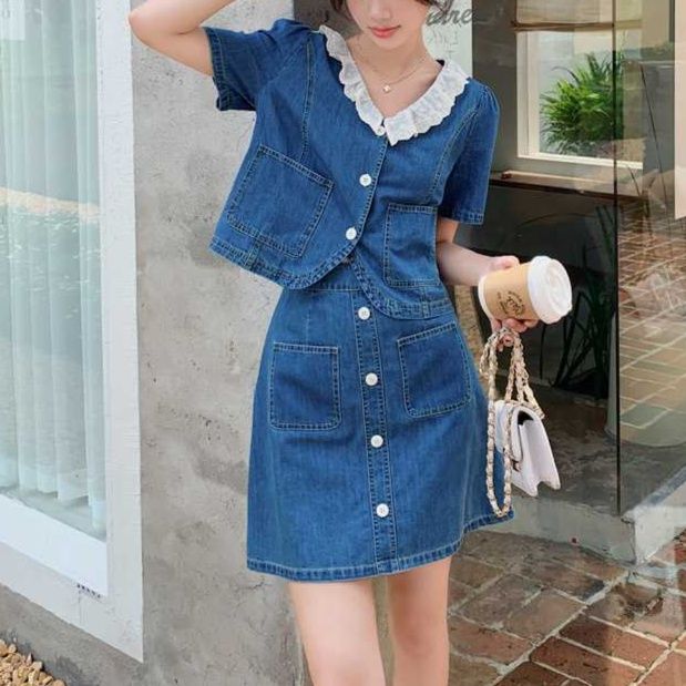デニムセットアップ レース襟付き半袖トップス＆Ａラインミニスカート 上品フェミニン2点セット