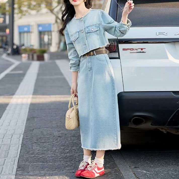 デニムセットアップ カットオフショートジャケット×タイトロングスカート 大人フェミニン 細見え2点セット