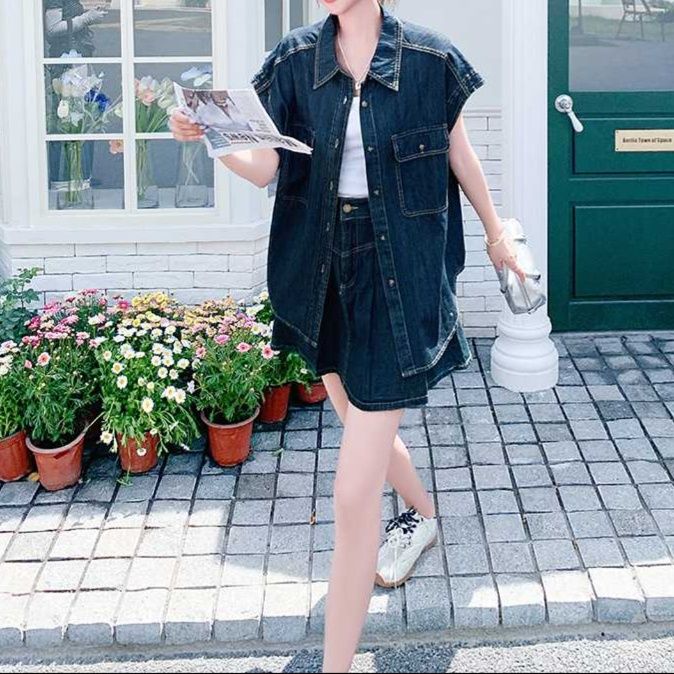 デニムセットアップ フレンチスリーブシャツ＆プリーツミニスカート レトロゆるかわ2点セット