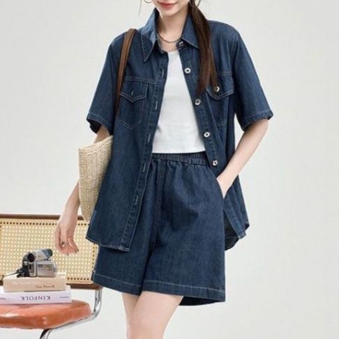 デニムセットアップ シンプル半袖シャツ＋ショートパンツ きれいめカジュアル ゆったり濃紺上下セット