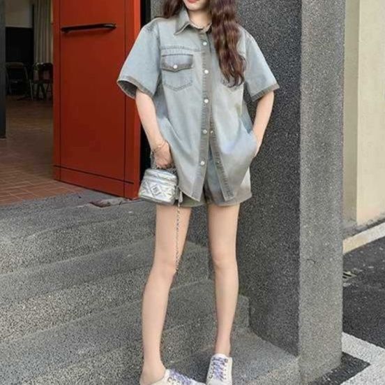 デニムセットアップ ゆったり半袖シャツ×ショートパンツ レトロカジュアル 配色切替2点セット